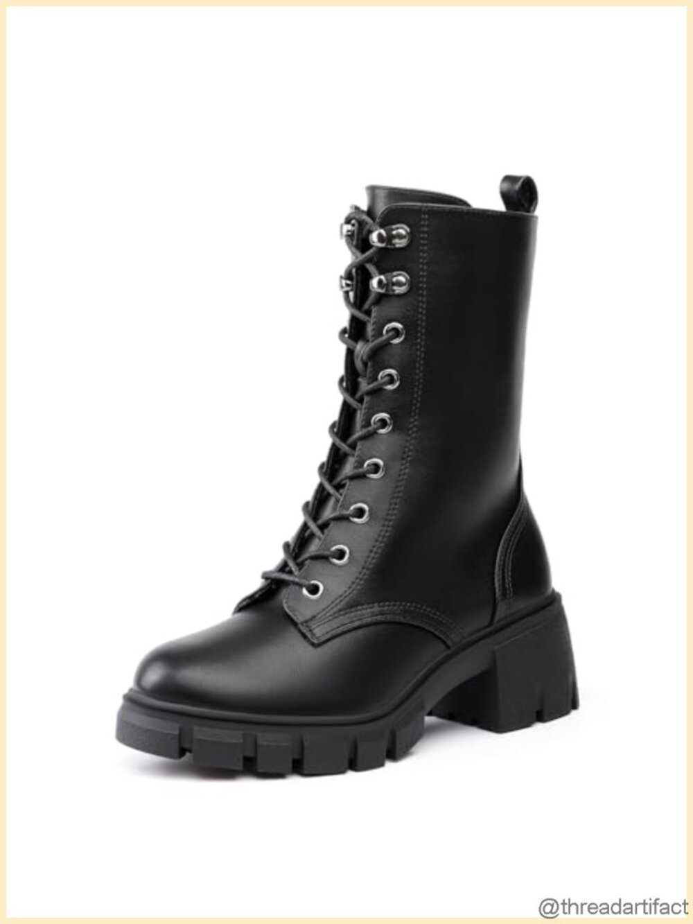 Platform Lace Up Combat Boots Chunky Block Heel Mid-Calf
